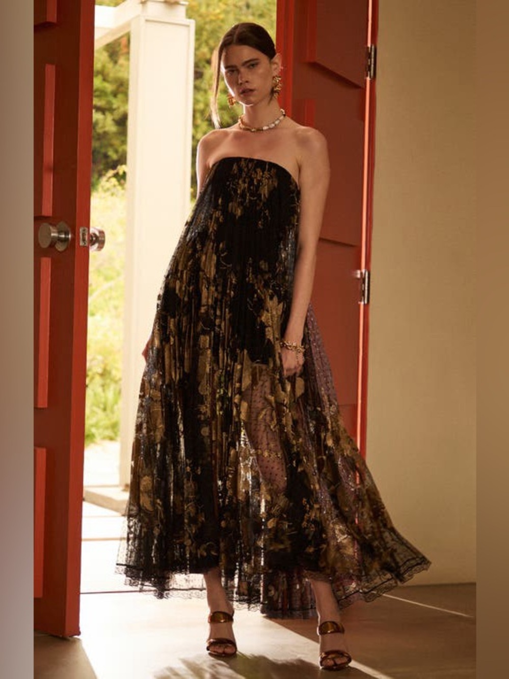 Helsi Delphine Strapless Pleated Sheer Lace Maxi Dress